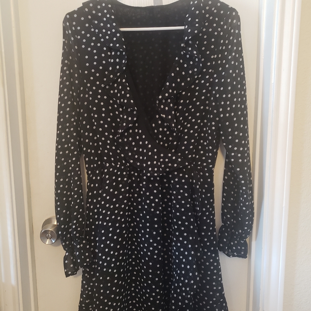 Pin Dot Ruffle Hem Dress, Casual V Neck Long Sleeve Dress